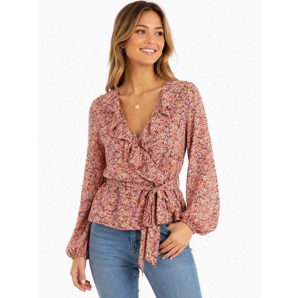 Max Studio Women's Large Floral Wrap Blouse Ruffle Tie Waist Long Sleeve NWT
